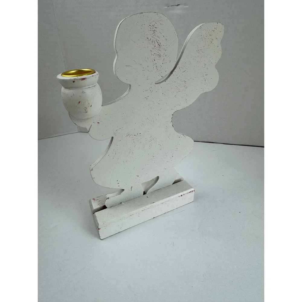 Vintage White Wooden Angel Taper Candle Holder Folk Art Christmas Decor 8.5 Inch